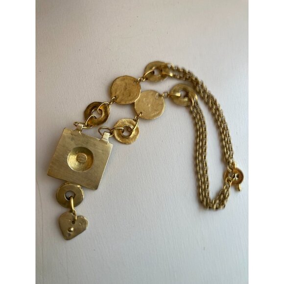 Vintage CLAIRE DEVE Gold Metal Double Chain Etruscan Statement Runway Necklace - Picture 13 of 16